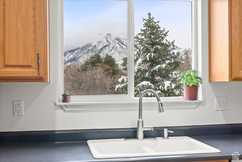 Room details with a mountain view and sink
