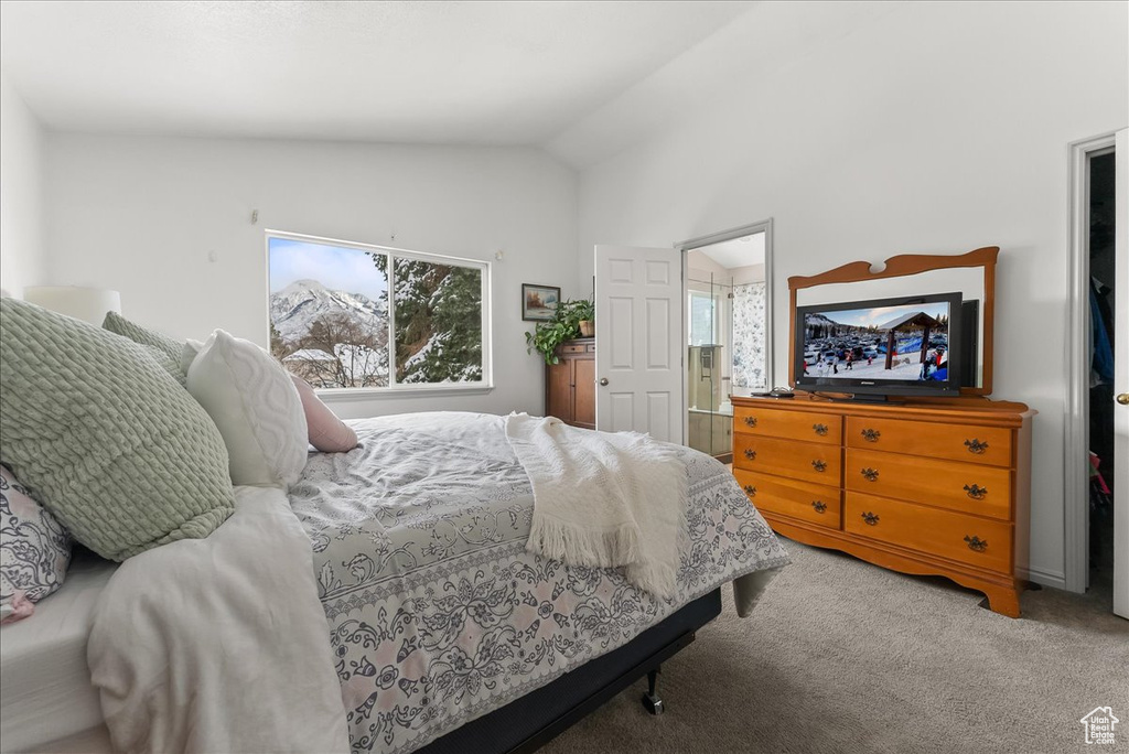 Carpeted bedroom featuring lofted ceiling