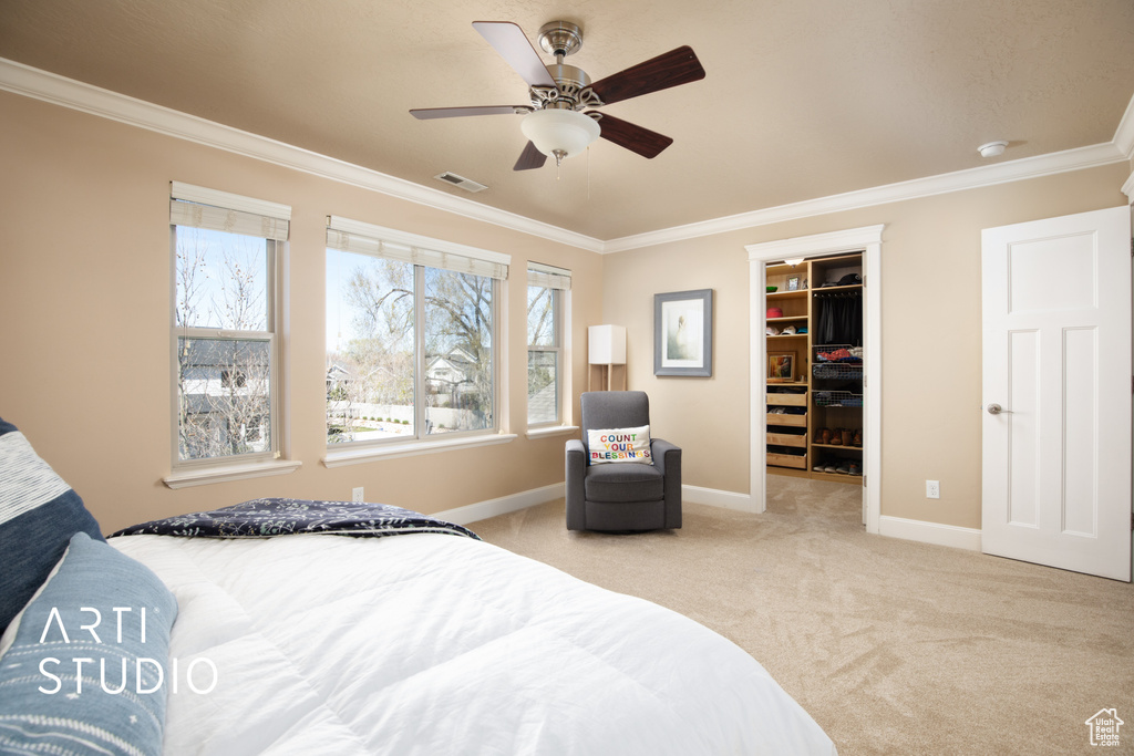Bedroom featuring a closet, ceiling fan, light carpet, a walk in closet, and crown molding