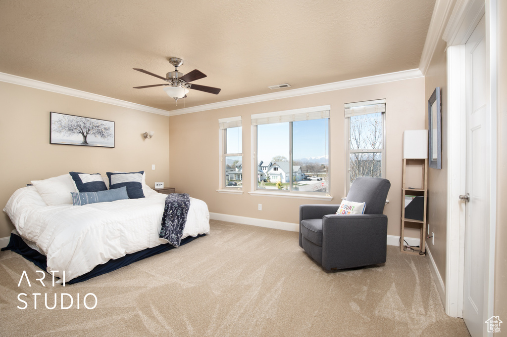 Carpeted bedroom with crown molding, ceiling fan, and multiple windows