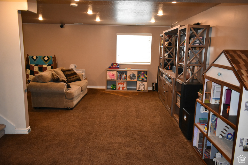 Living room with dark carpet