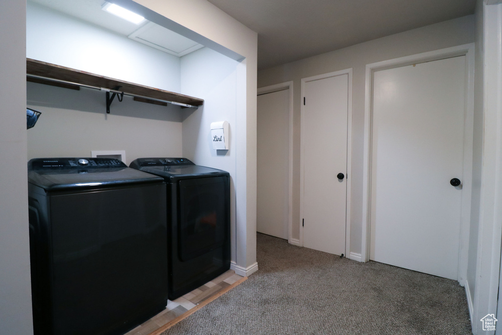 Clothes washing area featuring independent washer and dryer, carpet floors, and washer hookup