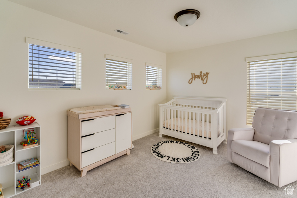 Carpeted bedroom featuring a nursery area and multiple windows