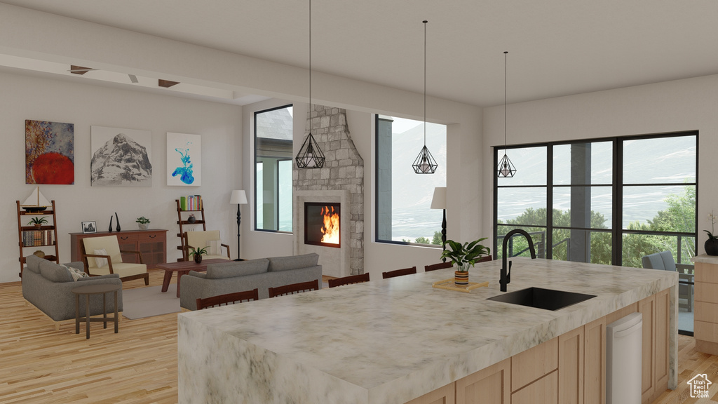 Kitchen featuring hanging light fixtures, light hardwood / wood-style flooring, sink, and a kitchen island with sink