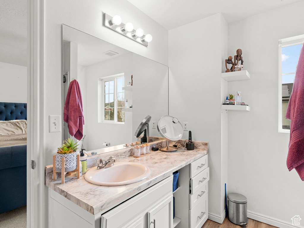 Bathroom with oversized vanity, hardwood / wood-style flooring, and a wealth of natural light