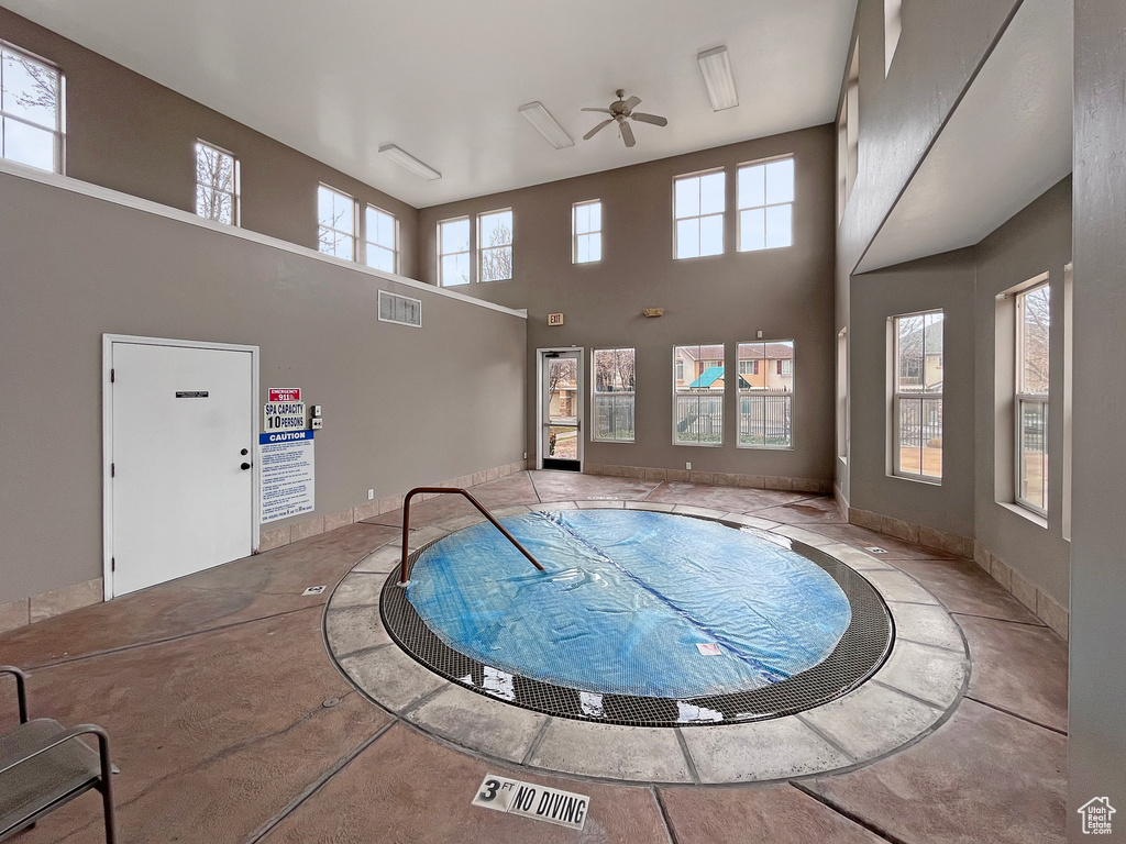 View of swimming pool with ceiling fan