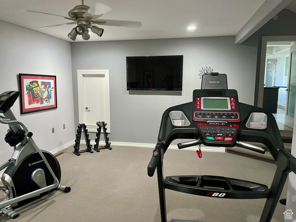 Workout room with carpet flooring and ceiling fan