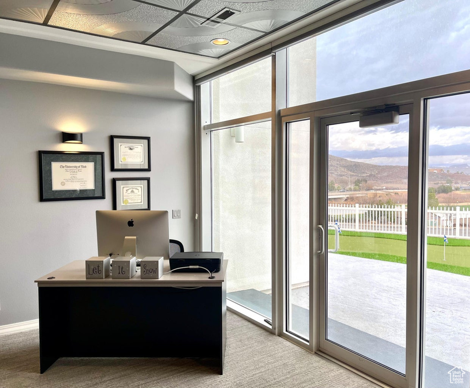 Office featuring light colored carpet and a mountain view