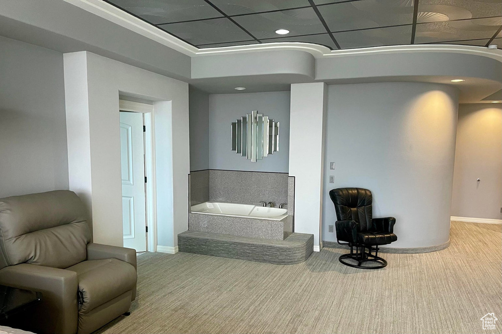 Living area featuring a drop ceiling and light colored carpet