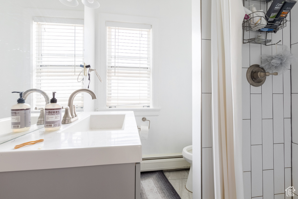 Bathroom featuring vanity, a baseboard radiator, toilet, and a wealth of natural light