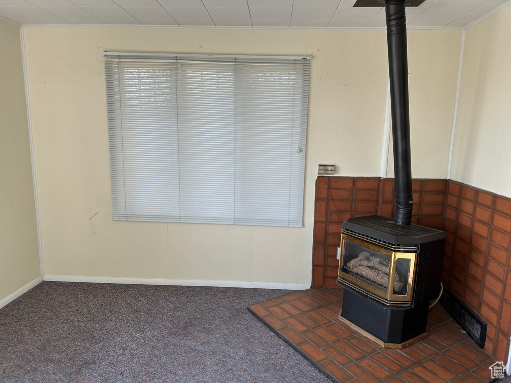 Interior space with a wood stove and dark carpet