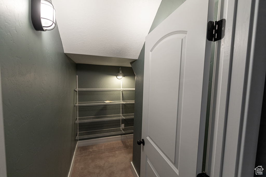 Spacious closet featuring dark carpet and lofted ceiling