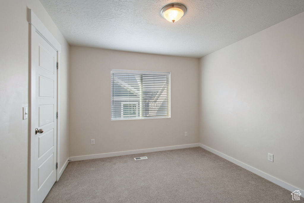 Unfurnished room with a textured ceiling and light carpet