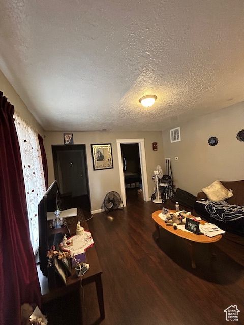 Living room with a textured ceiling and hardwood / wood-style floors