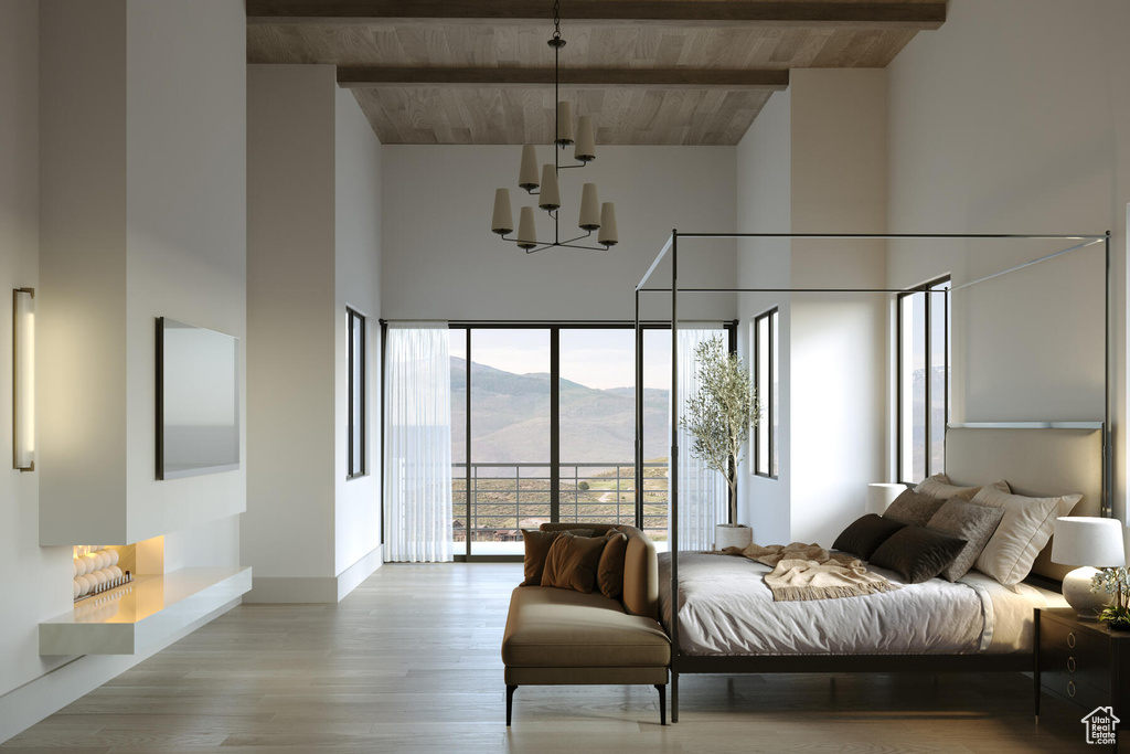 Bedroom with high vaulted ceiling, beamed ceiling, light hardwood / wood-style floors, and wood ceiling