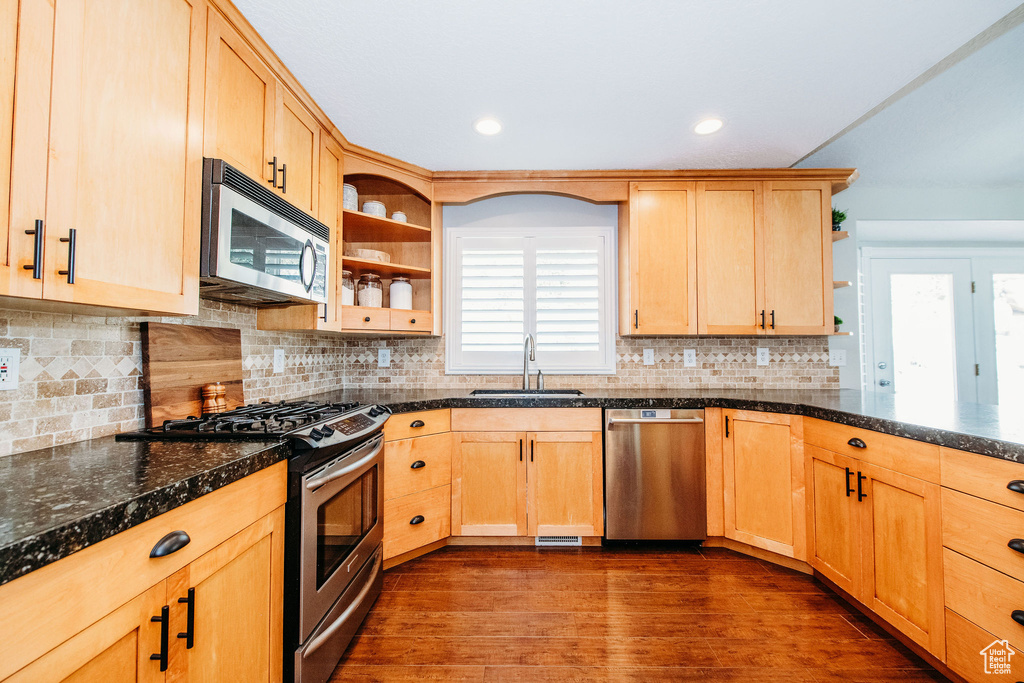 Kitchen with sink, dark hardwood / wood-style flooring, stainless steel appliances, and backsplash