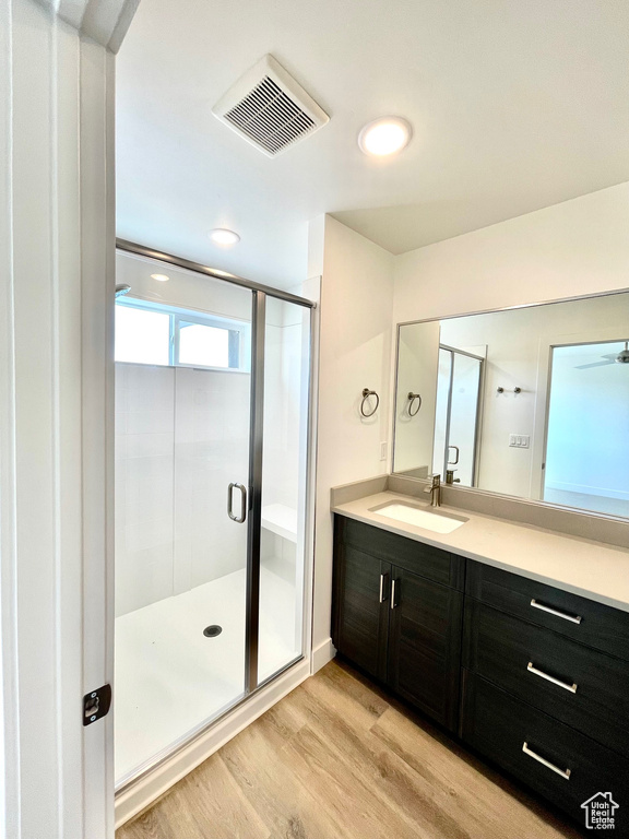 Bathroom featuring an enclosed shower, vanity, and hardwood / wood-style floors