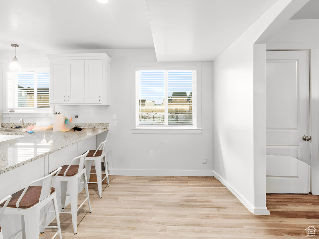 Kitchen featuring light hardwood / wood-style flooring, plenty of natural light, and decorative light fixtures
