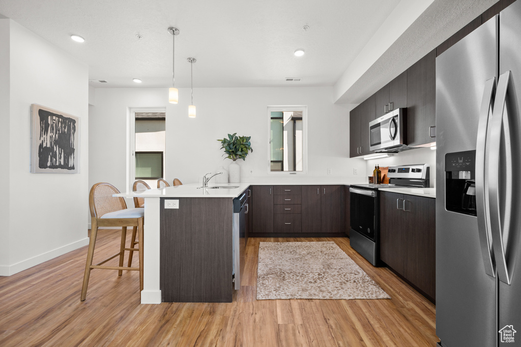 Kitchen with appliances with stainless steel finishes, light wood-type flooring, pendant lighting, and a wealth of natural light