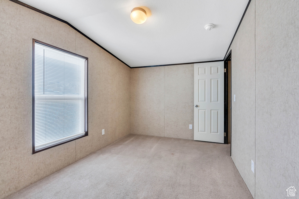 Unfurnished room with light colored carpet and lofted ceiling