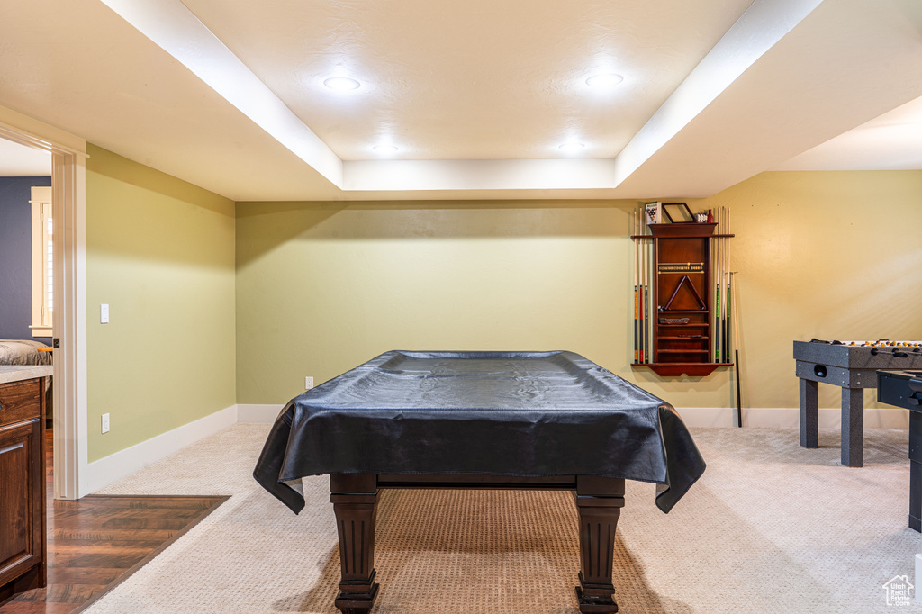Playroom featuring a raised ceiling, light carpet, and billiards
