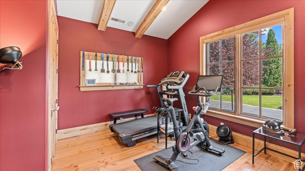 Exercise room featuring lofted ceiling, a healthy amount of sunlight, and hardwood / wood-style floors