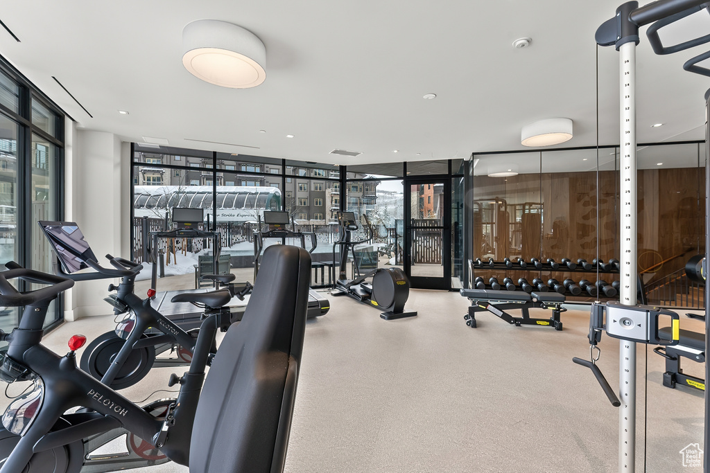 Workout area featuring floor to ceiling windows