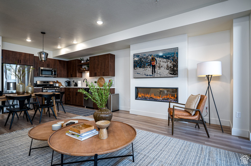 Living room featuring sink and light hardwood / wood-style floors
