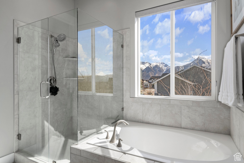 Bathroom with shower with separate bathtub and a mountain view