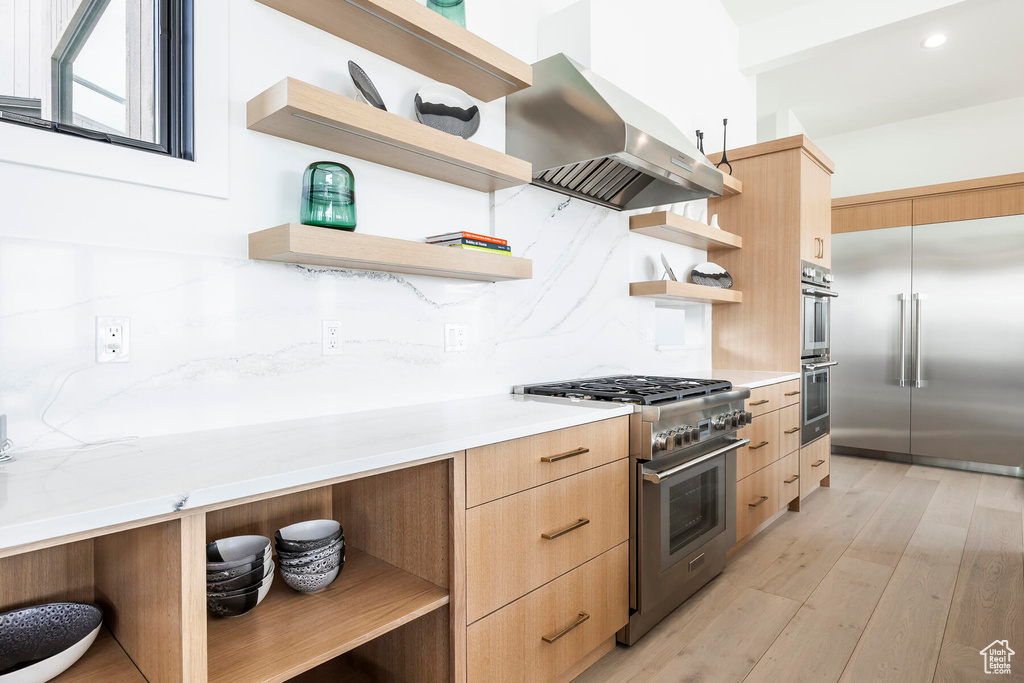 Kitchen with backsplash, island range hood, a kitchen breakfast bar, high quality appliances, and light hardwood / wood-style flooring