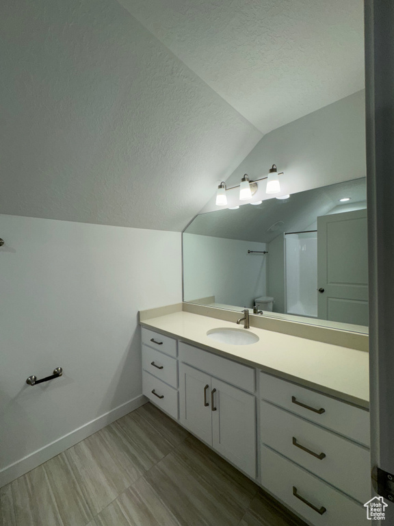 Bathroom with lofted ceiling, vanity, and a textured ceiling