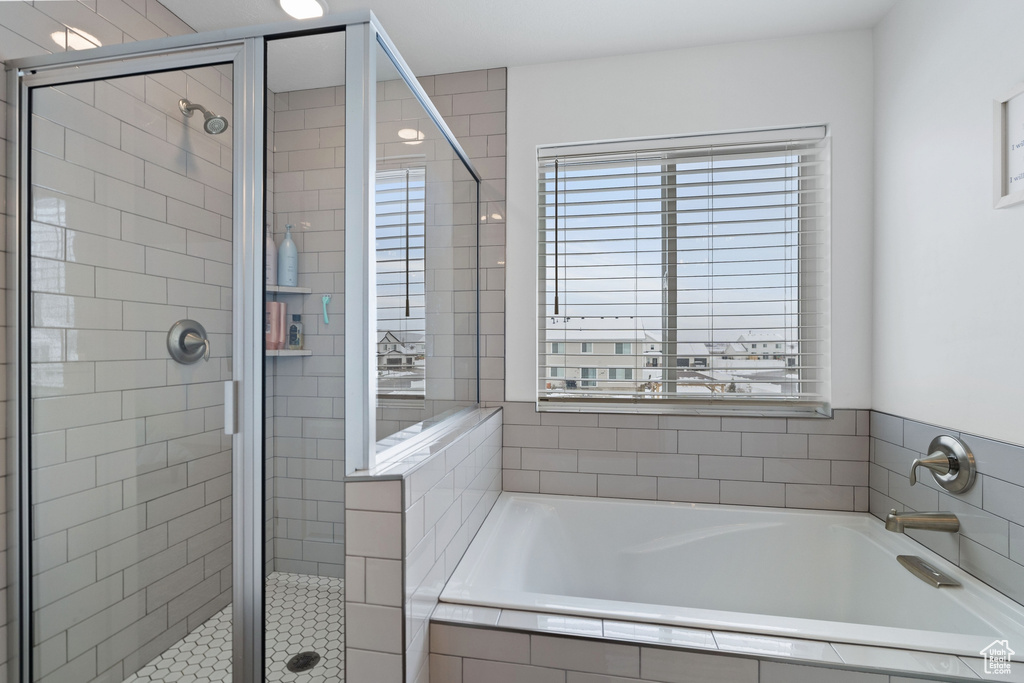 Bathroom with separate shower and tub and a healthy amount of sunlight