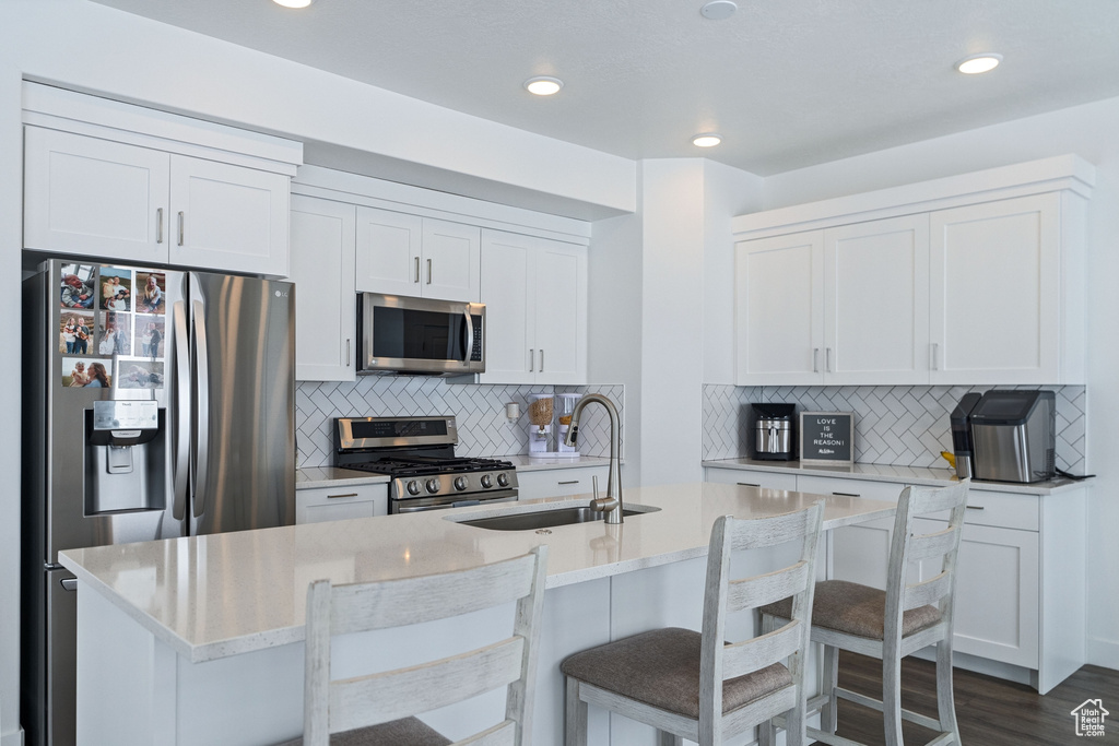 Kitchen with white cabinetry, tasteful backsplash, stainless steel appliances, and sink