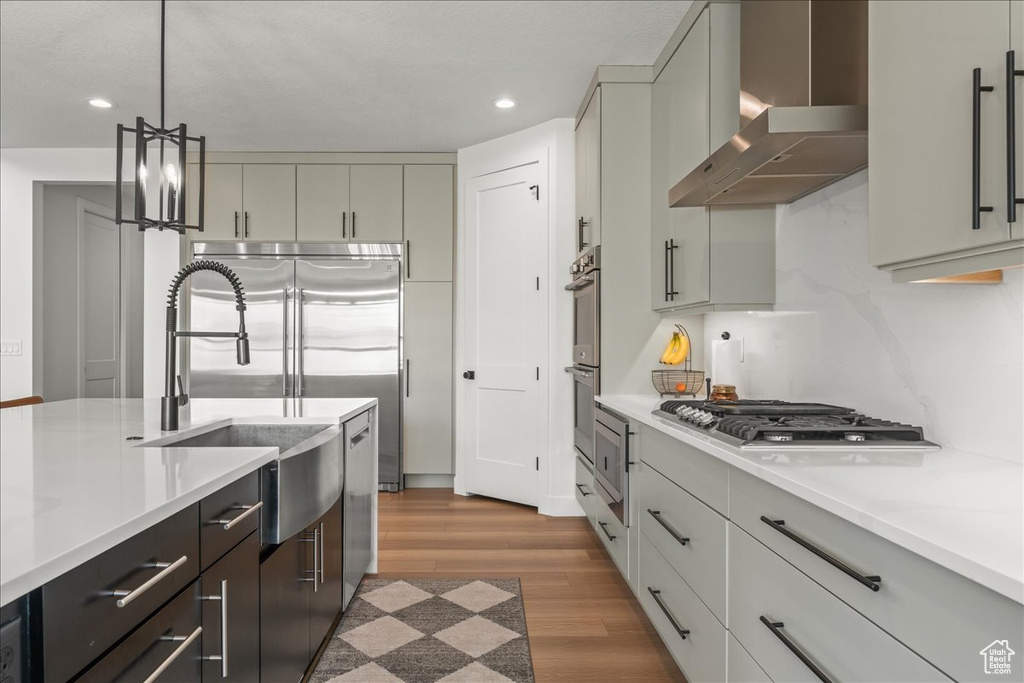 Kitchen with appliances with stainless steel finishes, gray cabinets, wall chimney range hood, and light wood-type flooring