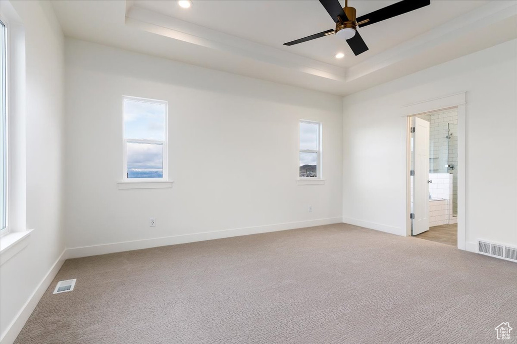 Spare room with a wealth of natural light, light carpet, ceiling fan, and a raised ceiling