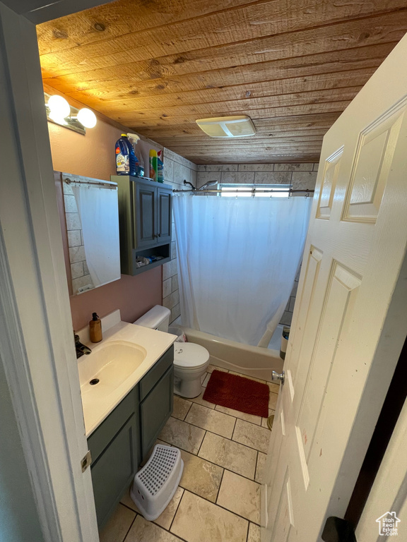 Full bathroom featuring shower / bathtub combination with curtain, vanity, tile flooring, and wood ceiling