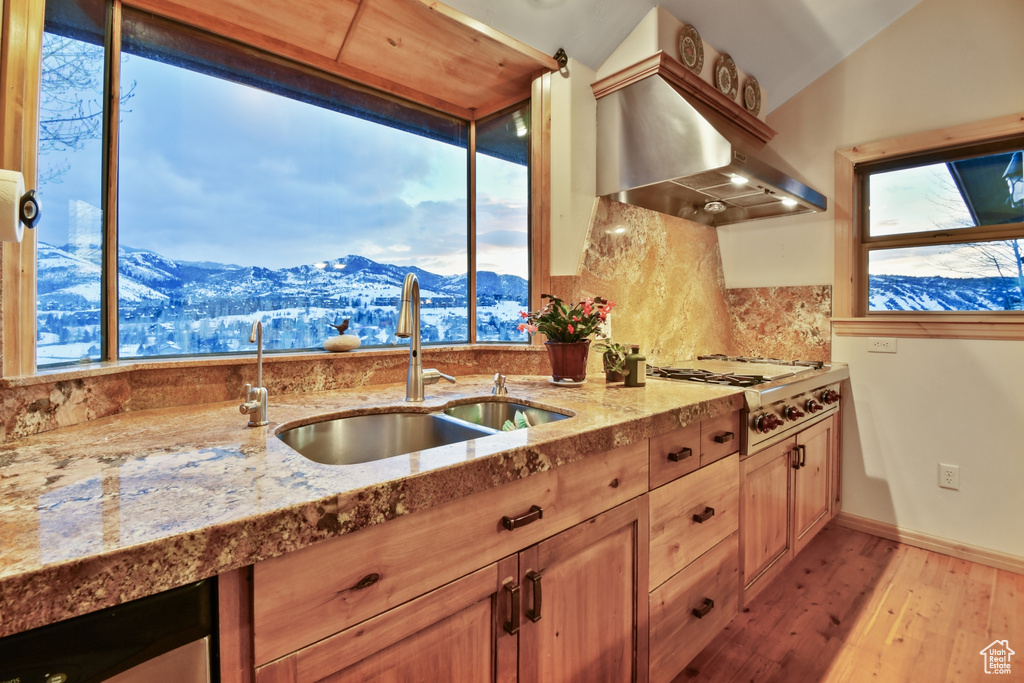 Kitchen with sink, a mountain view, a wealth of natural light, and light hardwood / wood-style floors