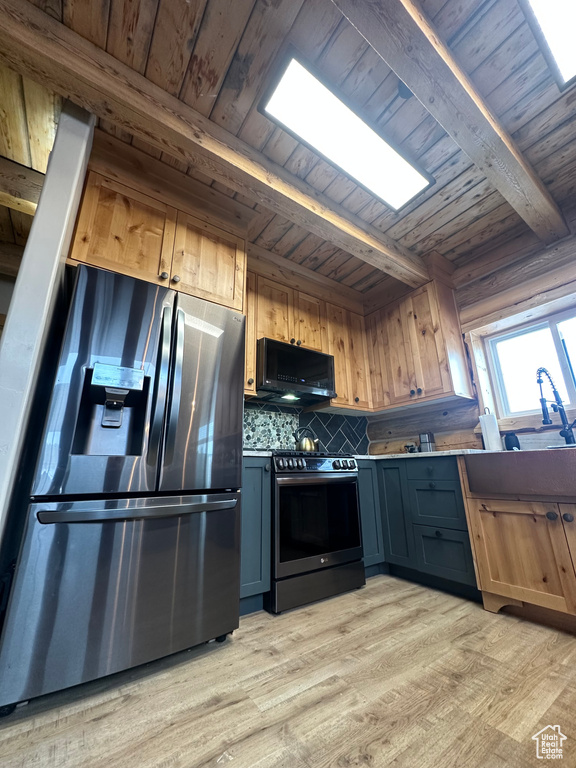 Kitchen with stainless steel fridge with ice dispenser, wood ceiling, light hardwood / wood-style flooring, and range with electric stovetop