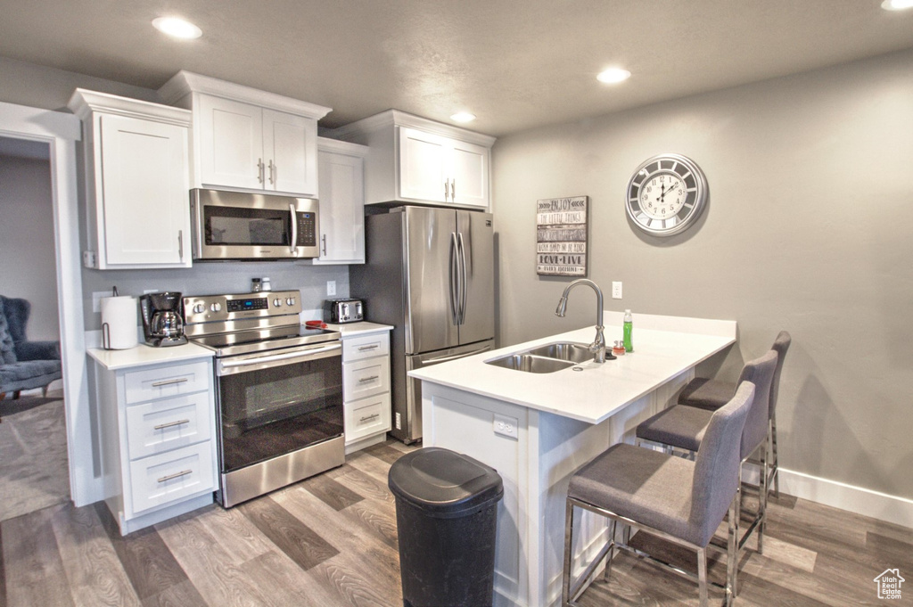 Kitchen featuring white cabinets, appliances with stainless steel finishes, dark hardwood / wood-style floors, and sink