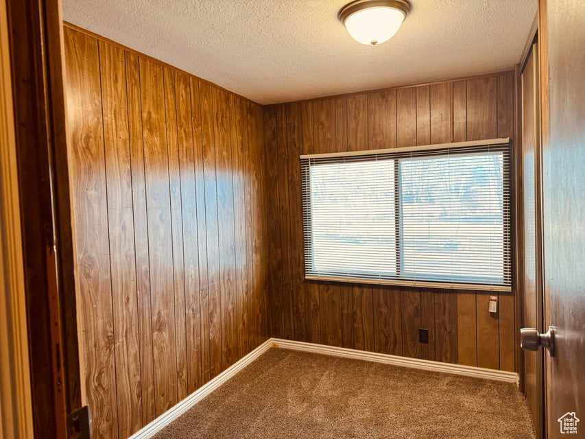 Carpeted spare room featuring wooden walls and a textured ceiling