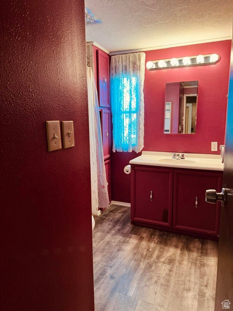 Bathroom with hardwood / wood-style flooring, a textured ceiling, and vanity