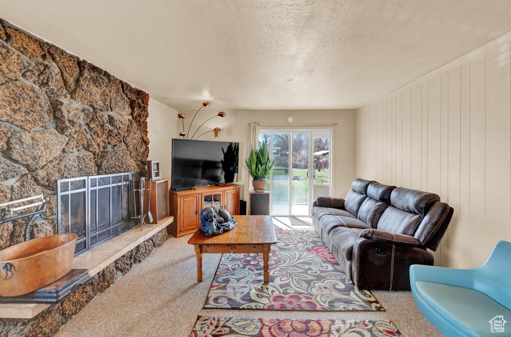 Carpeted living room featuring a textured ceiling and a fireplace