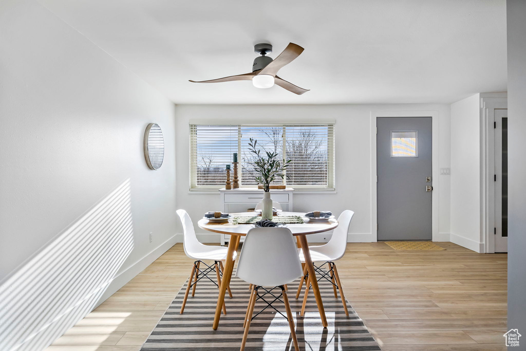 Dining area with light hardwood / wood-style floors and ceiling fan