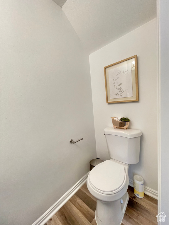 Bathroom featuring wood-type flooring, vaulted ceiling, and toilet