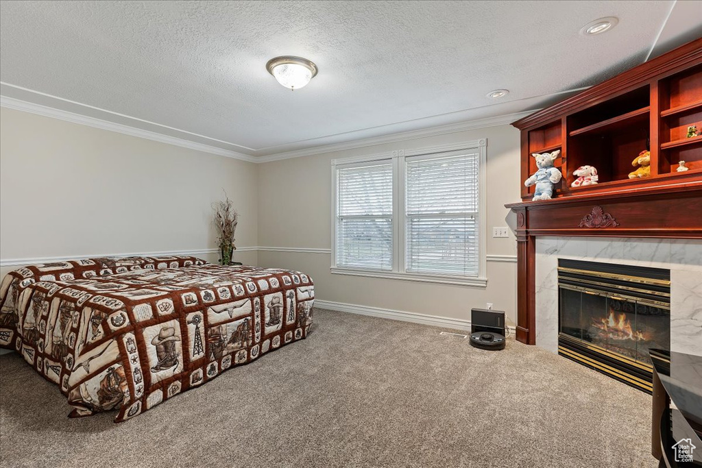 Carpeted bedroom featuring ornamental molding and a textured ceiling