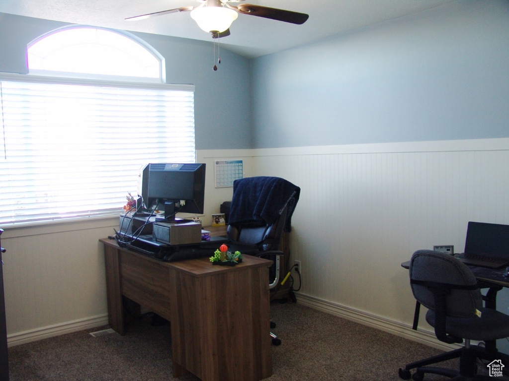 Office area with dark carpet and ceiling fan