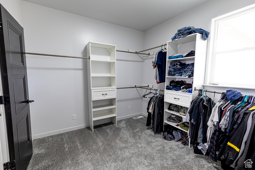 Spacious closet featuring dark colored carpet