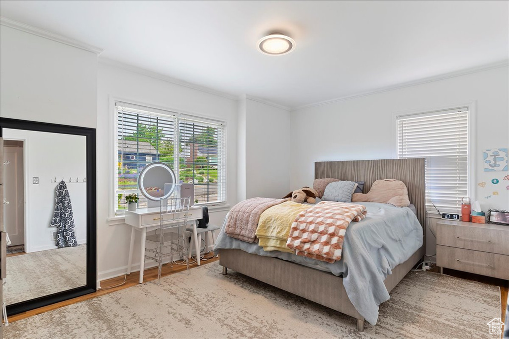 Bedroom with crown molding and light wood-type flooring