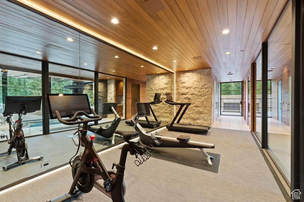 Gym featuring light colored carpet, a wealth of natural light, and wood ceiling
