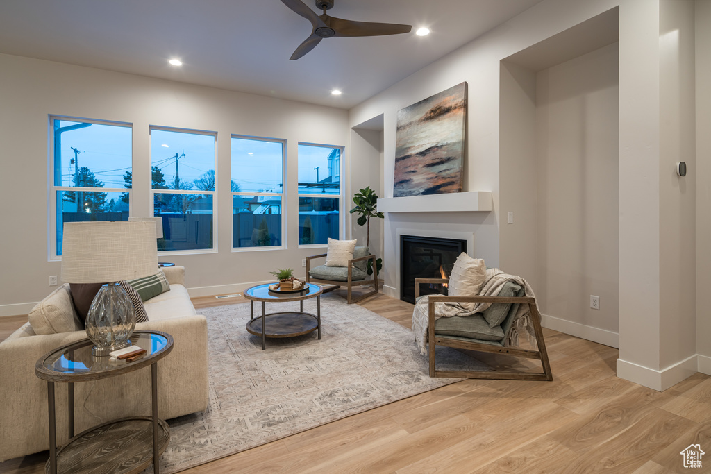 Living room featuring ceiling fan and light hardwood / wood-style floors